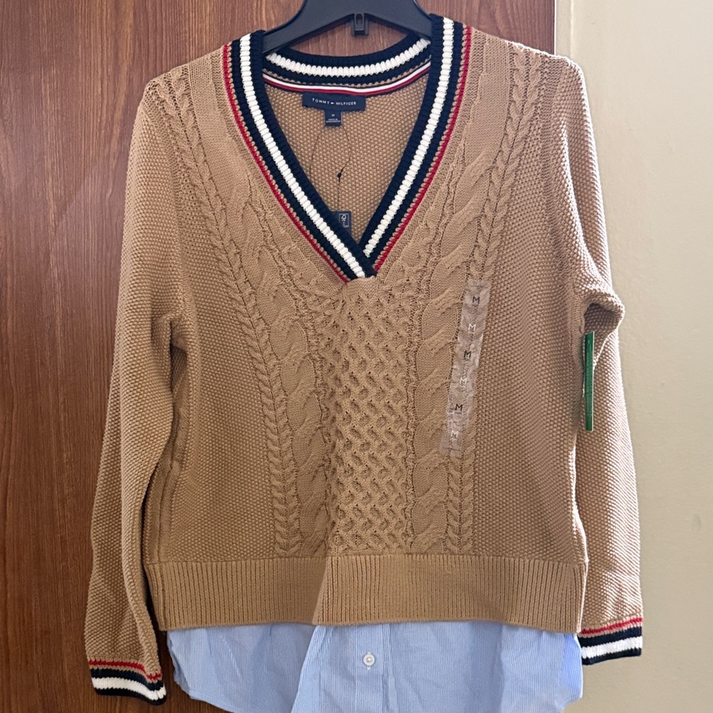 Tommy Hilfiger Camel V-Neck Sweater with Striped Trim